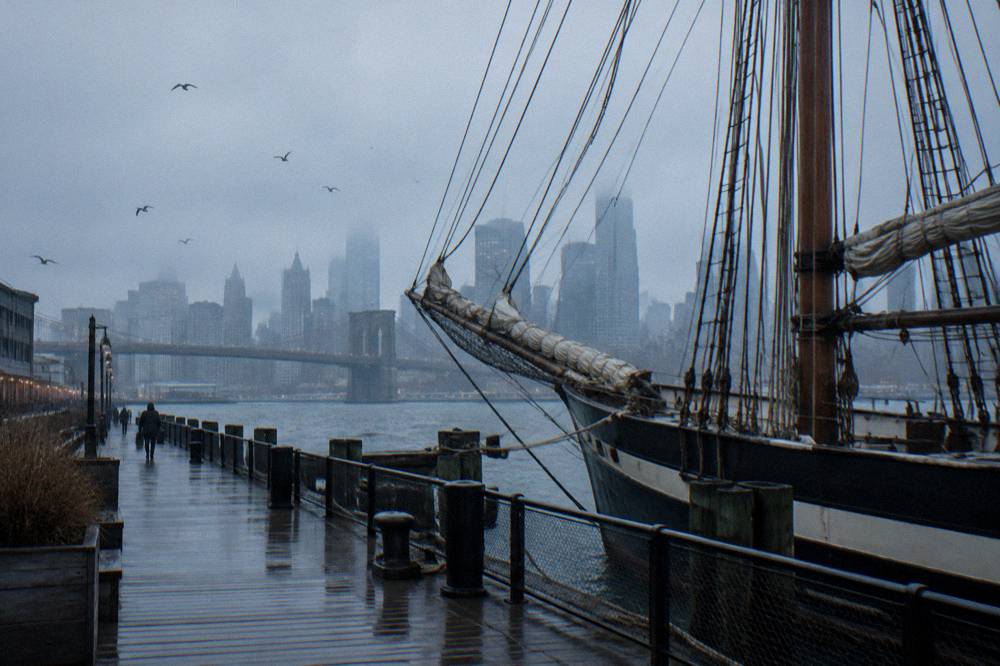 A wooden pier on the Manhattan waterfront at dusk with a moored sailing ship