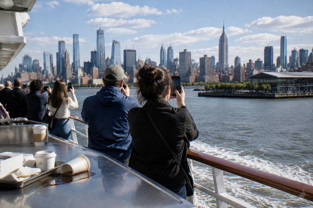 Passengers on an open deck of a sightseeing boat photographing the Manhattan skyline
