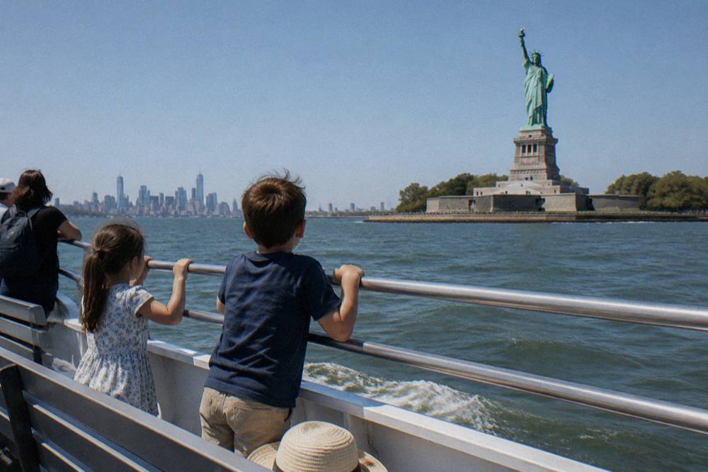 Sightseeing boat passing the Statue of Liberty with open upper deck railings along both sides