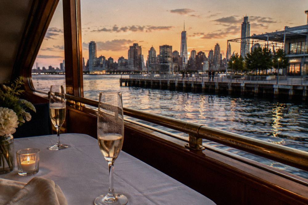 A set dinner table beside the window of a yacht with city lights visible outside