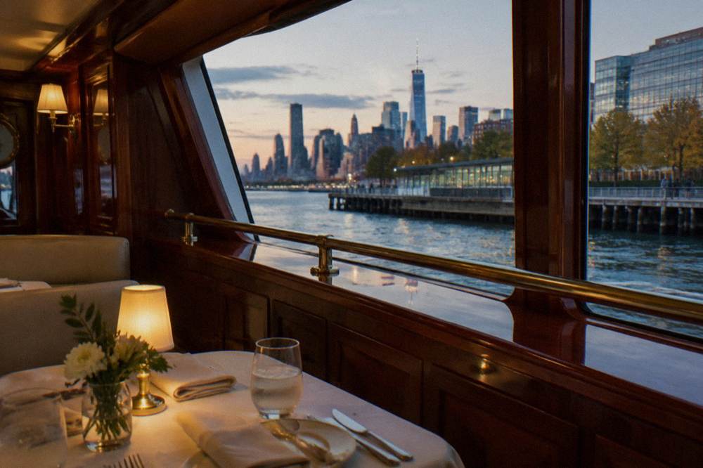 Guests seated at an elegant dinner table inside a yacht cabin with wood paneling