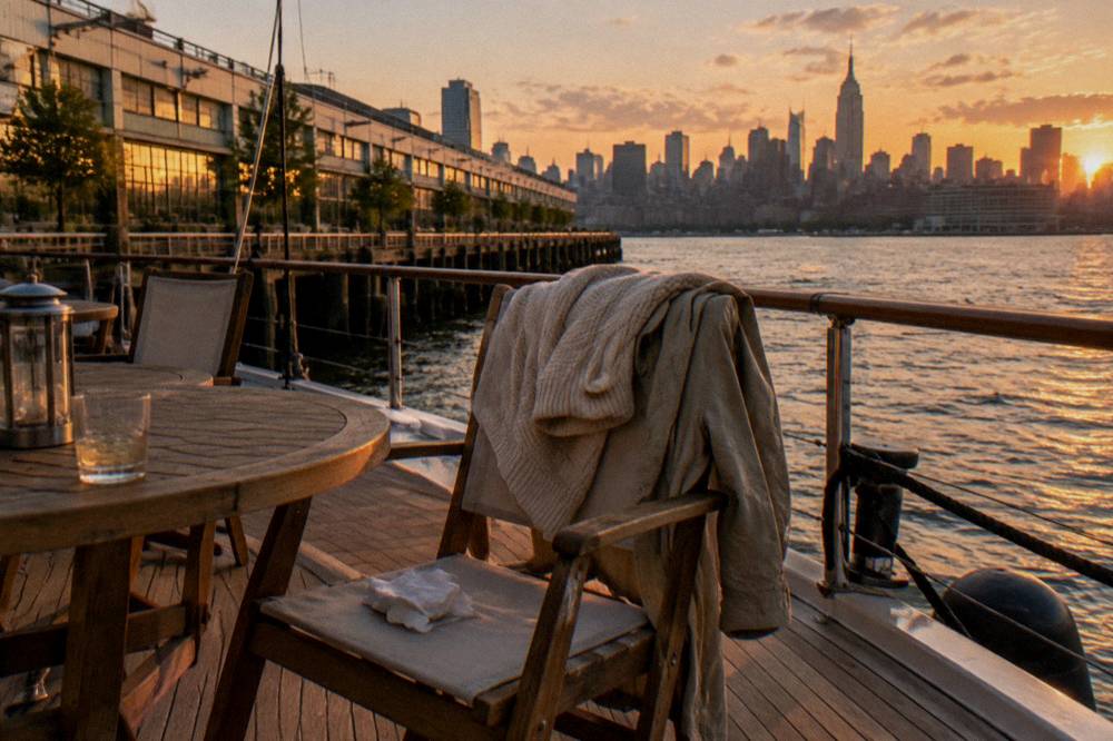 Folded sweaters and a light jacket draped over a chair on the deck of a boat at sunset