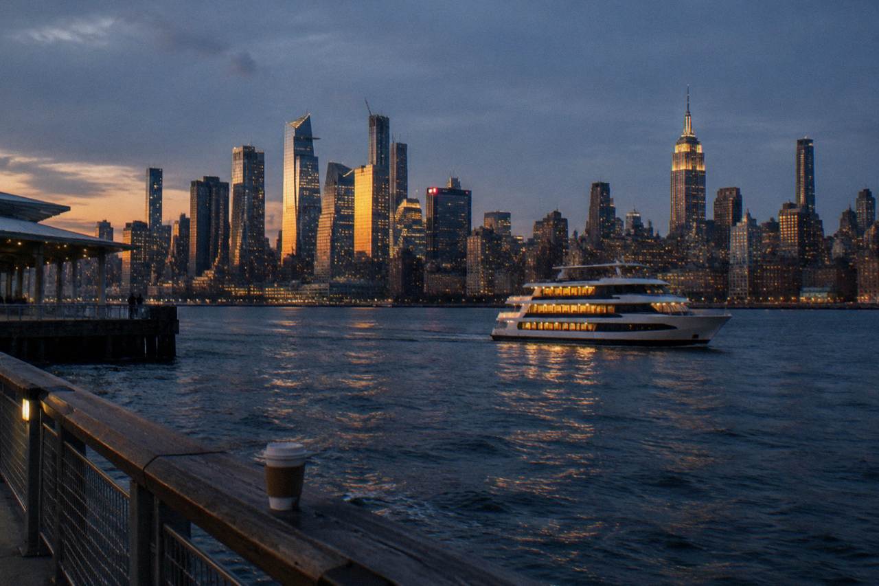 A dining yacht underway on the Hudson River at dusk with the Manhattan skyline behind it