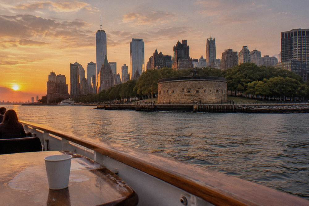 A boat deck at sunset with the city skyline glowing orange behind it