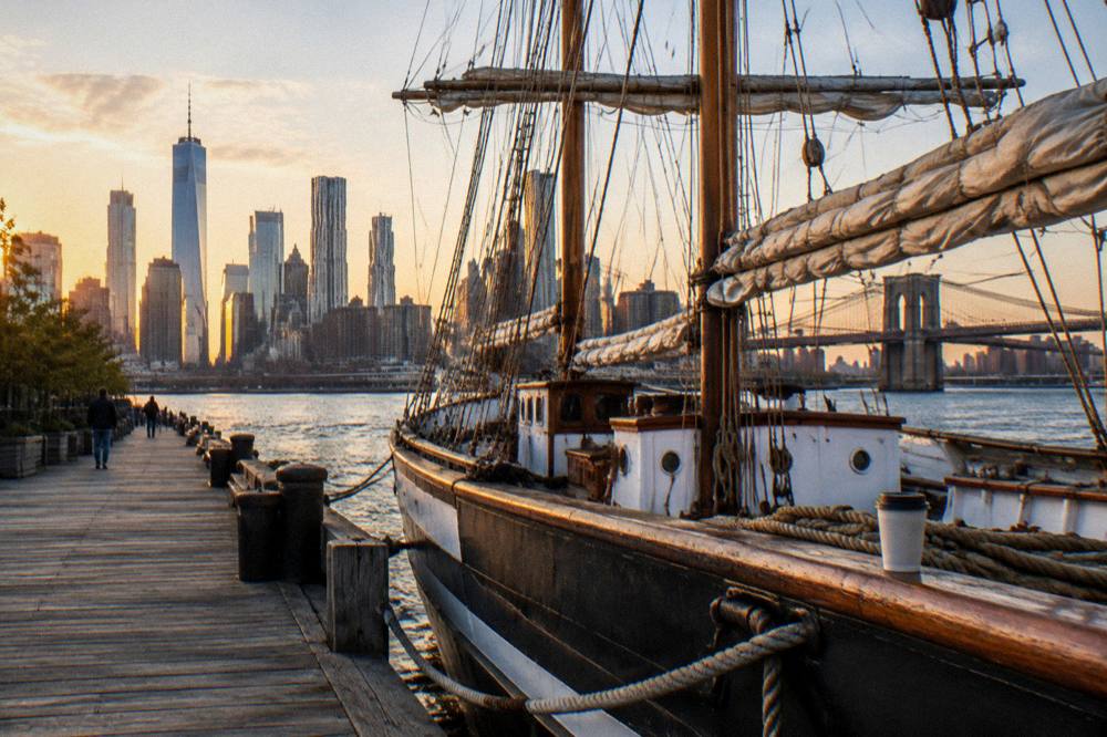 A tall ship with sails furled docked at a city pier in the late afternoon