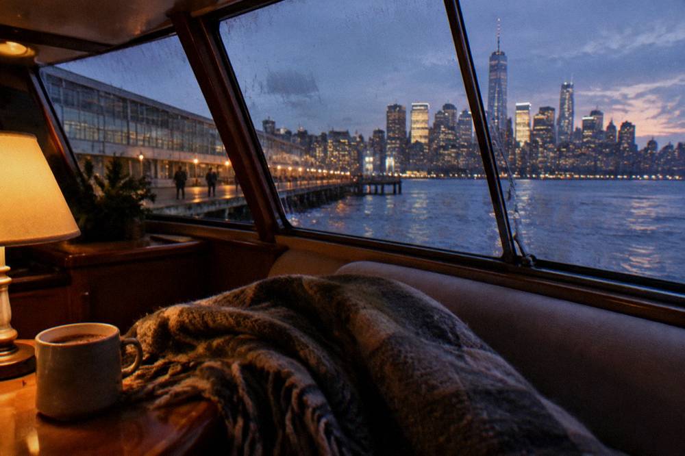 A cozy enclosed yacht cabin with warm lighting and city lights through the windows