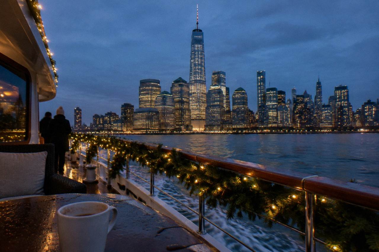 A decorated yacht gliding past a glittering Manhattan skyline at dusk in winter