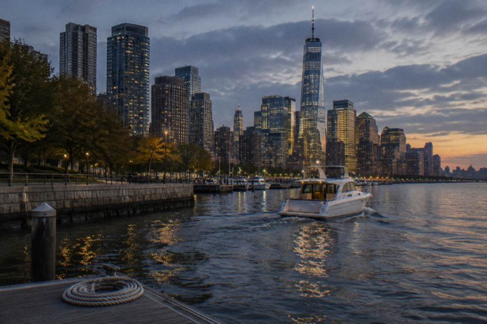 Small yacht underway at dusk with city lights reflected on the river surface