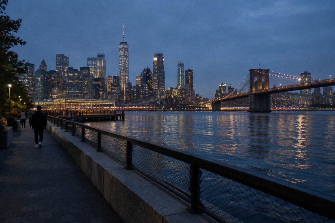 illuminated Manhattan skyline reflected in calm harbor water at dusk with dark blue sky
