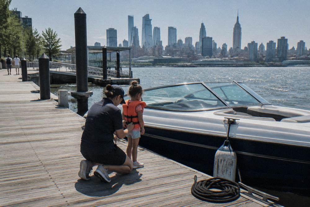 A crew member checking a life jacket on a child beside a docked speedboat