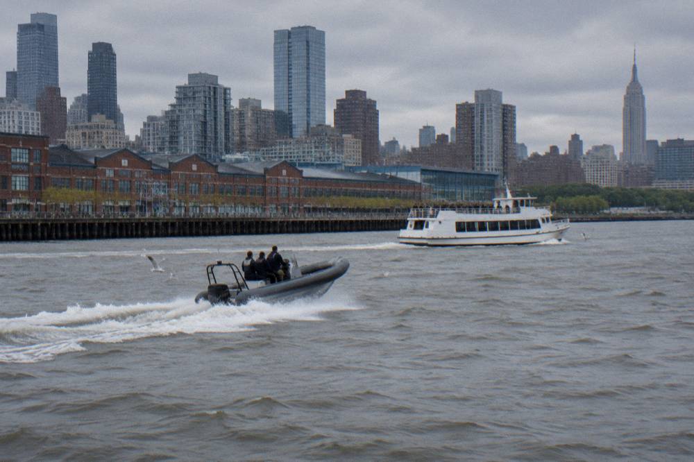 A large sightseeing boat passing a small speeding rigid inflatable on the Hudson River