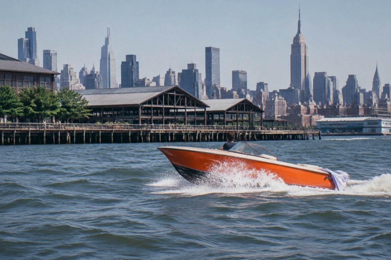 A speedboat cutting across New York Harbor with the Manhattan skyline behind it