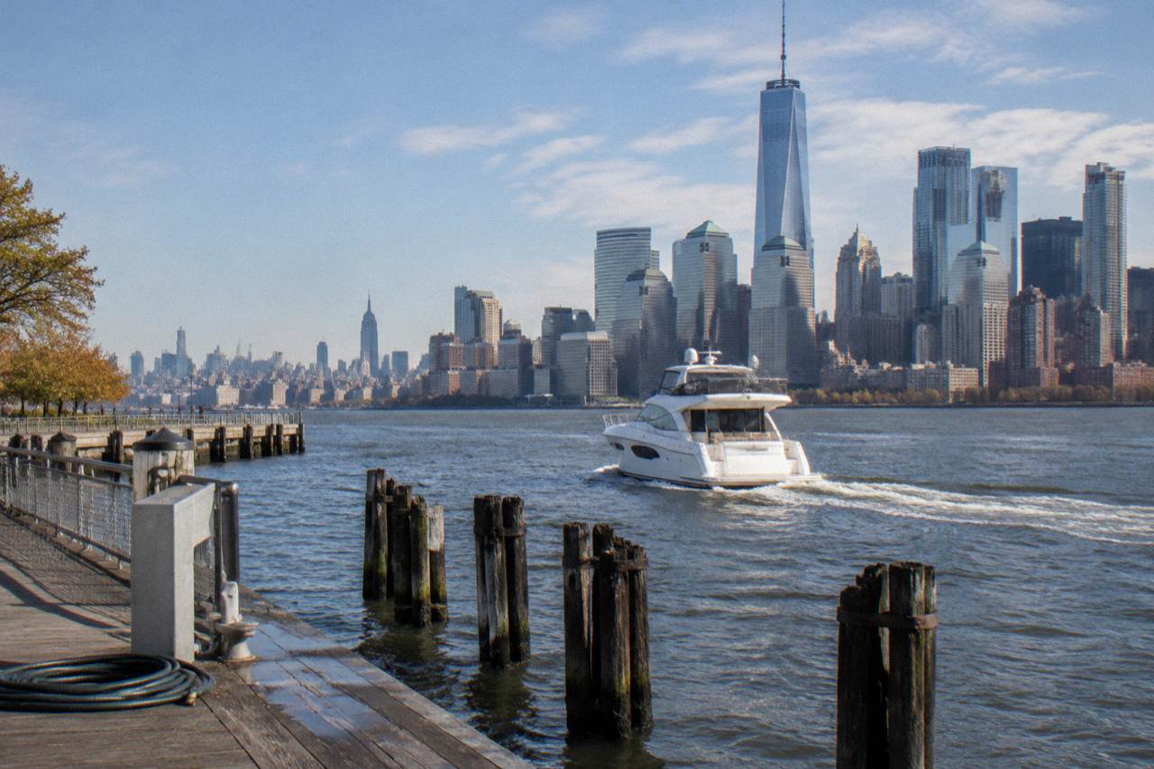 A private motor yacht cruising on the Hudson River with the Manhattan skyline behind it
