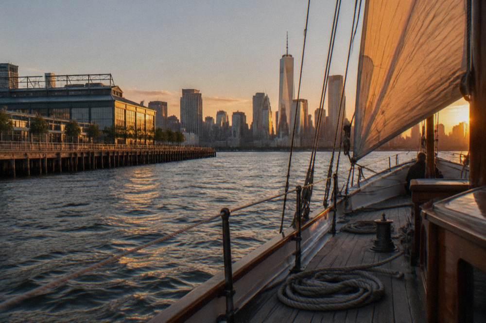 A sailing yacht under golden sunset light on the Hudson River with the Manhattan skyline behind it