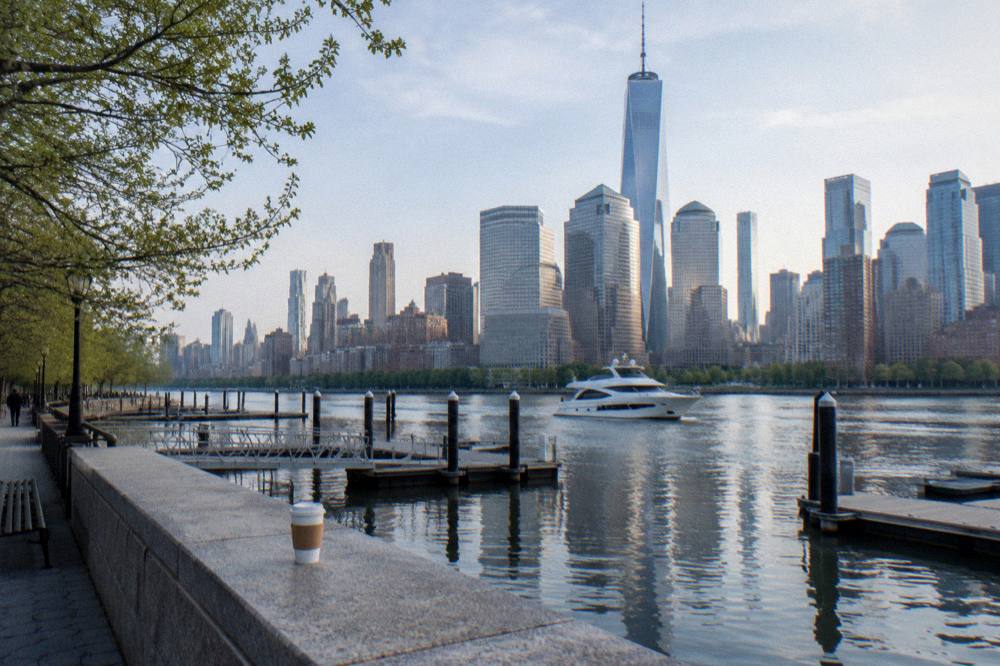 A small luxury yacht cruising past Lower Manhattan on a calm harbor morning