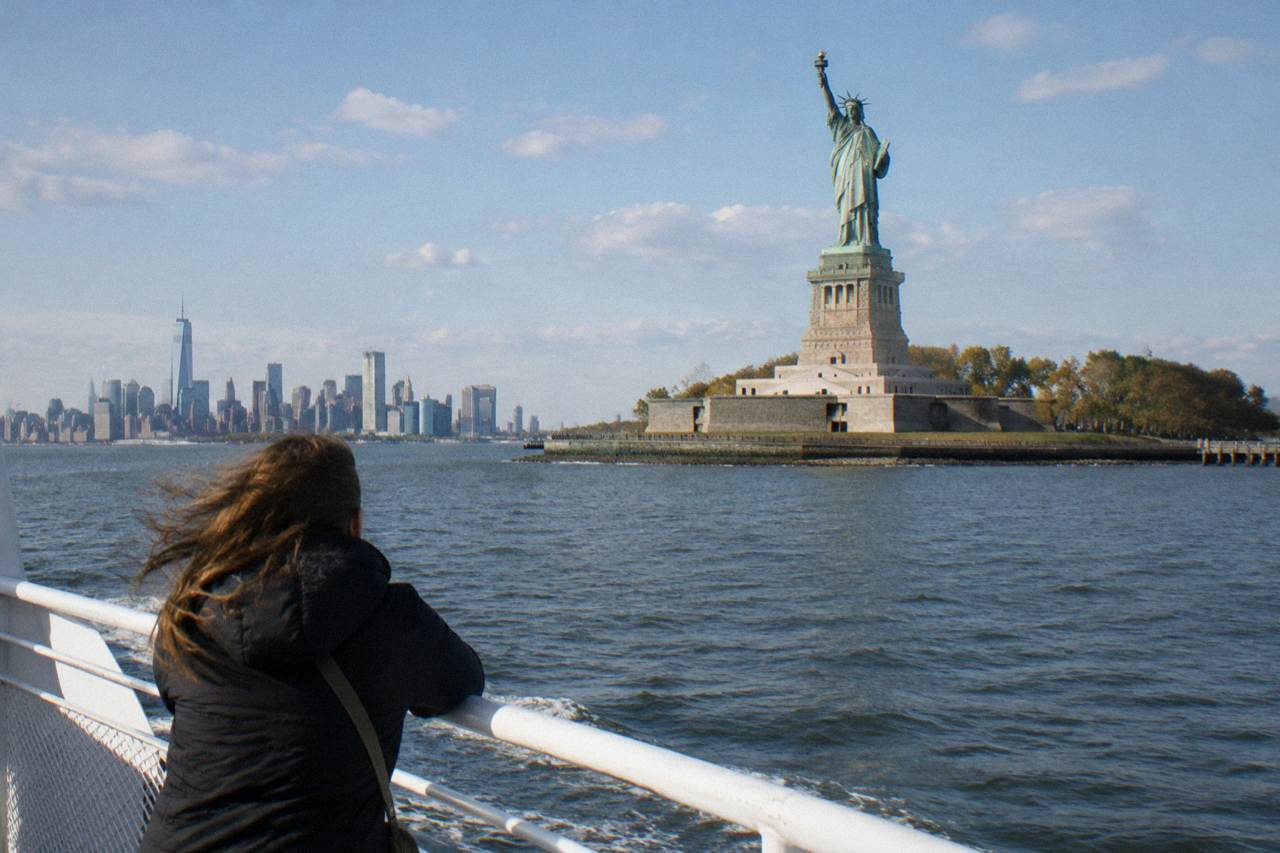 A sightseeing boat on New York Harbor passing the Statue of Liberty in clear afternoon light