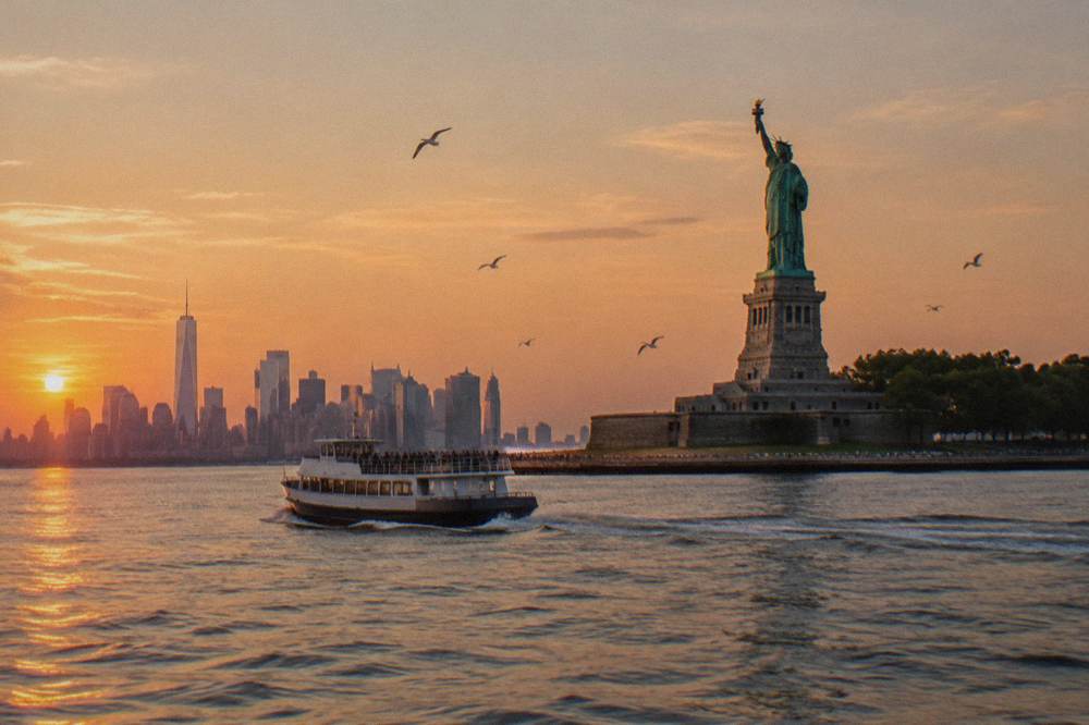 A boat passing the Statue of Liberty in warm evening light with the harbor calm around it