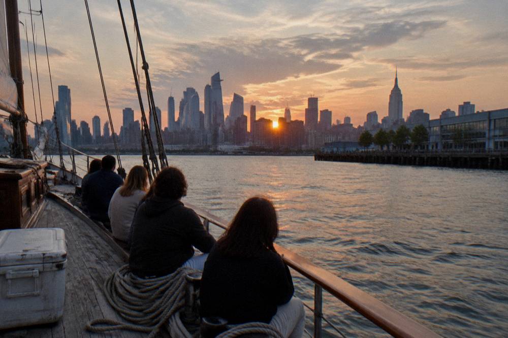 The open deck of a schooner with passengers seated along the port rail as the sun lowers over the river