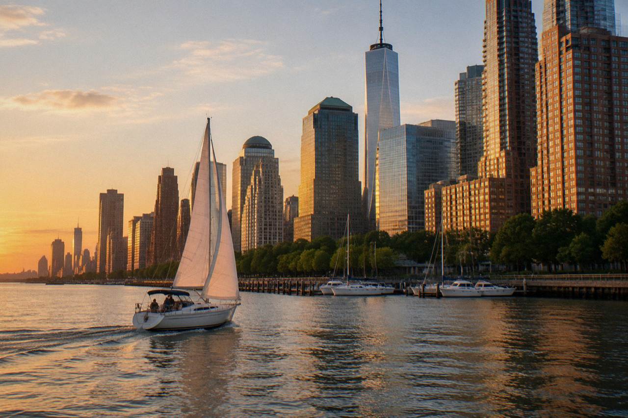 A yacht under sail crossing New York Harbor at sunset with the Manhattan skyline in warm light