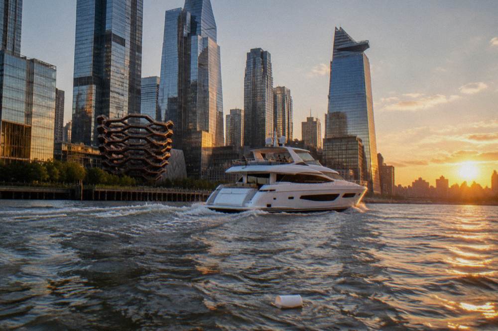 A luxury yacht underway on the Hudson River with sunset light on Manhattan towers