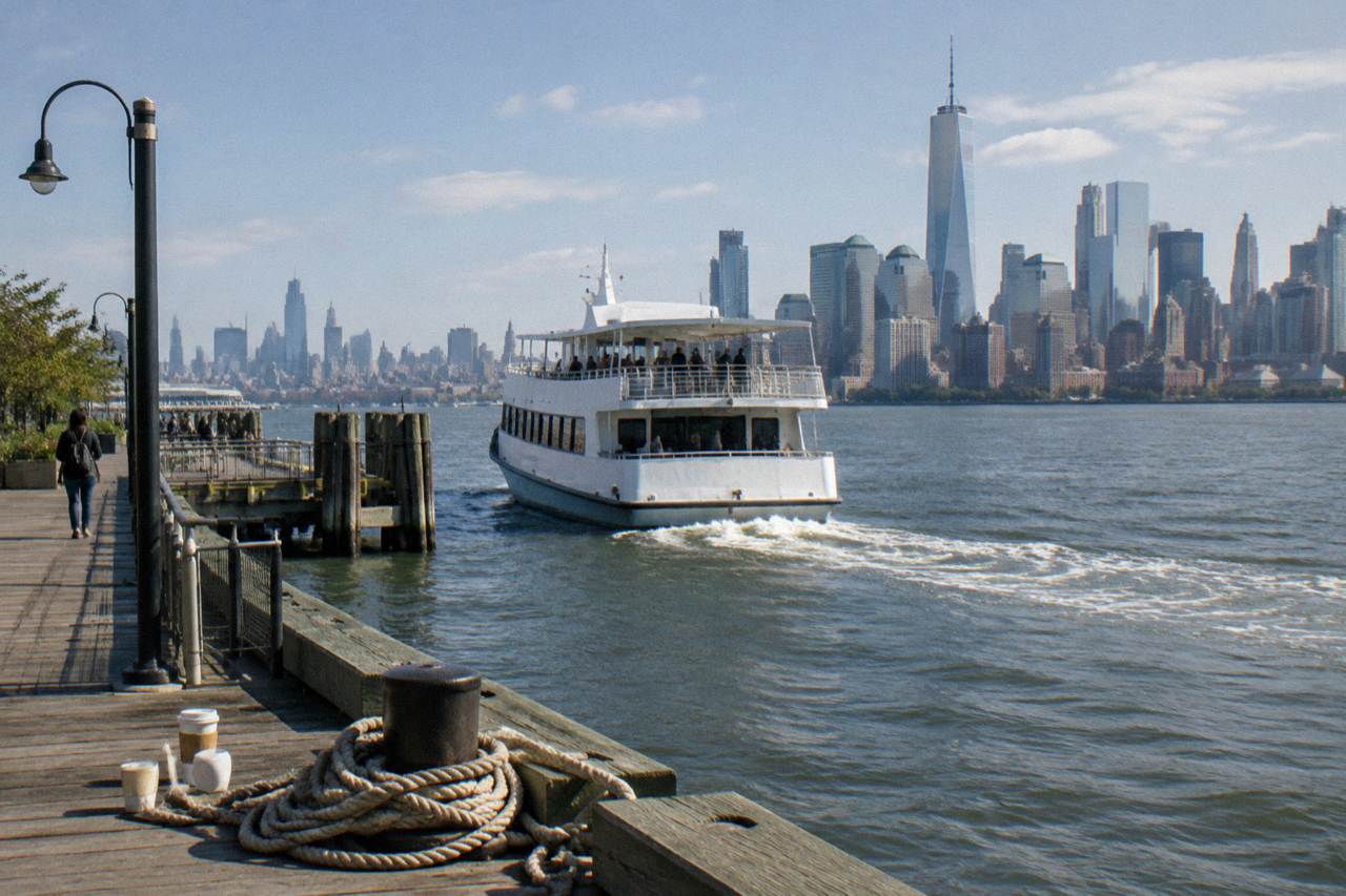 A sightseeing boat moving across New York Harbor with the Manhattan skyline behind it