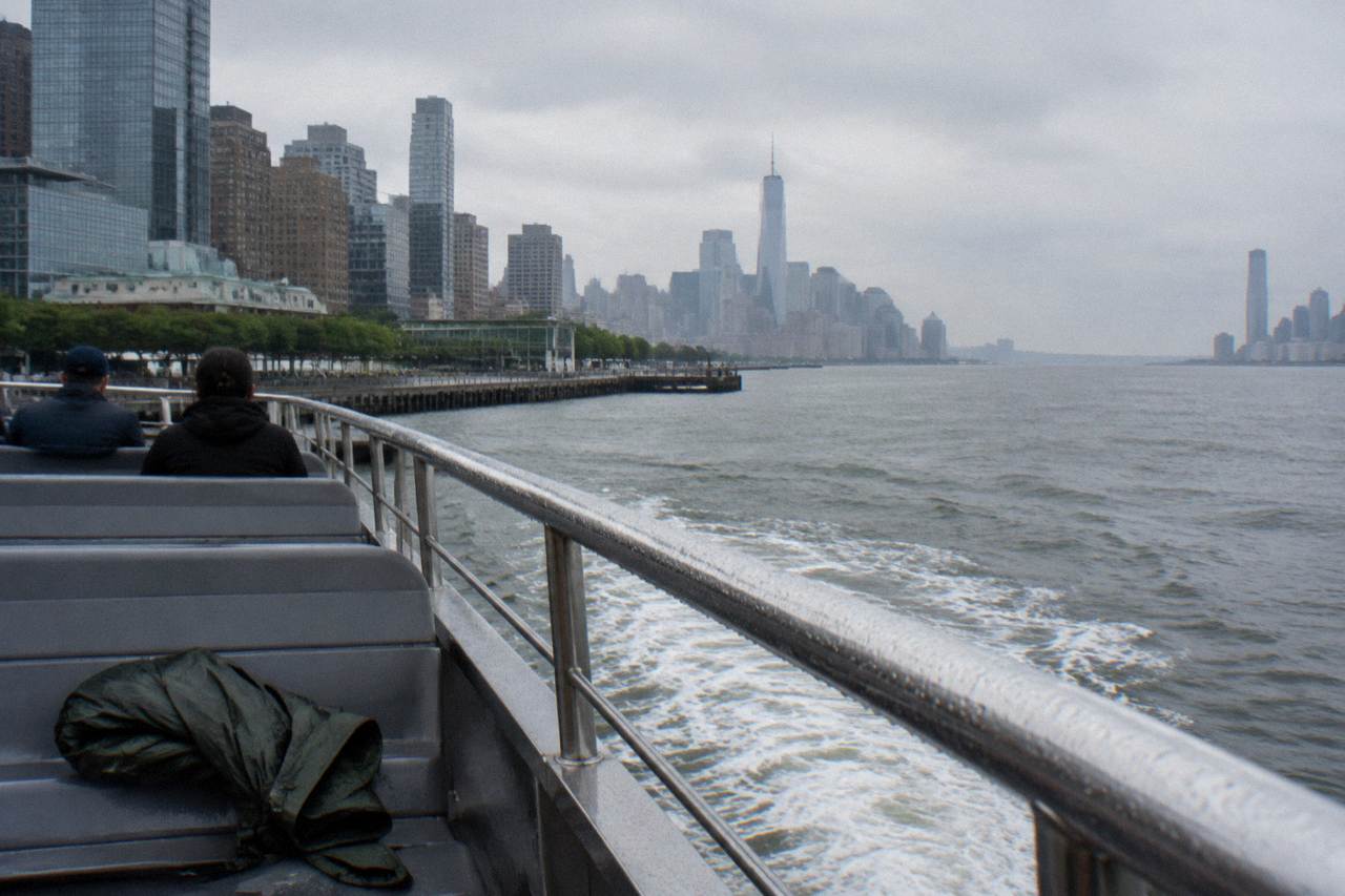Open deck of a sightseeing boat on New York Harbor with the Manhattan skyline in soft light.